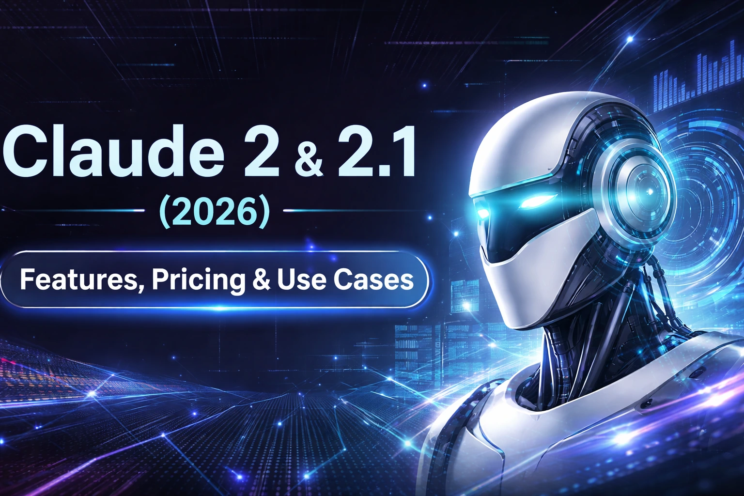 Claude 2 & Claude 2.1 (2026) infographic showing features, pricing, and performance. Highlights include a 200K token massive context window, enterprise applications for legal and research, advanced safety, cost efficiency, and comparison with other AI models for deep document analysis.