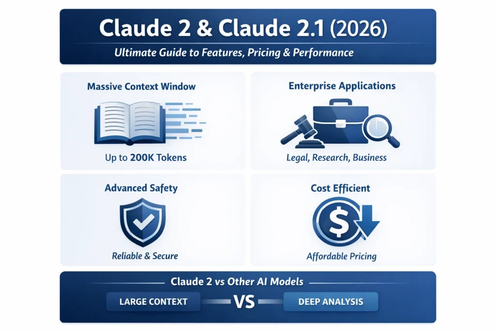Claude 2 & Claude 2.1 (2026) infographic showing features, pricing, and performance. Highlights include a 200K token massive context window, enterprise applications for legal and research, advanced safety, cost efficiency, and comparison with other AI models for deep document analysis.