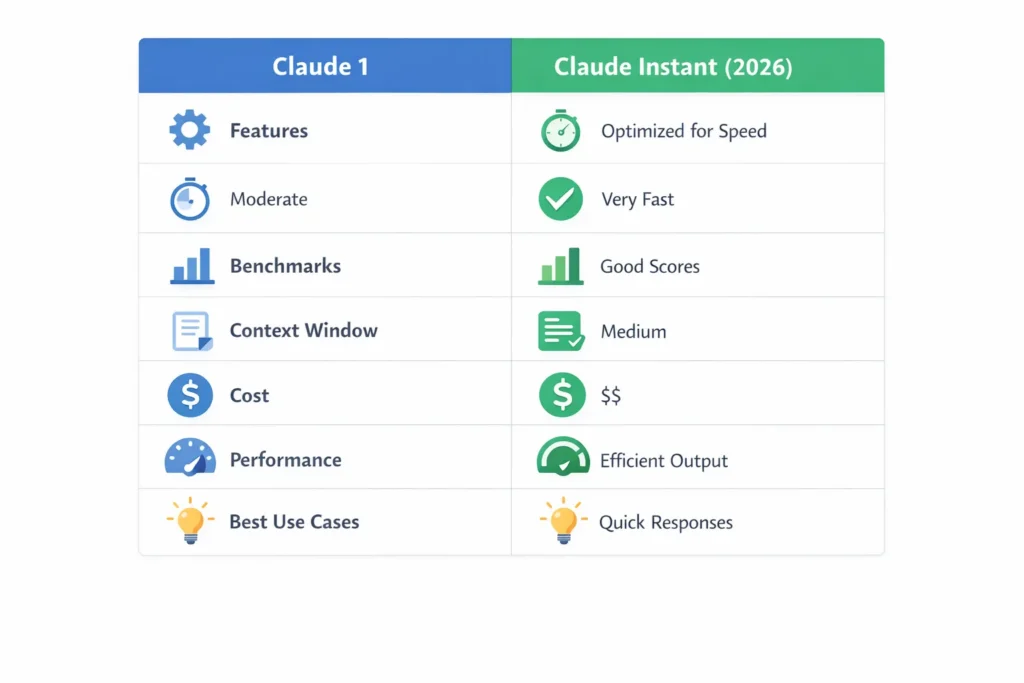 Claude 1 vs Claude Instant comparison infographic showing speed, reasoning ability, context window, cost efficiency, and real-world AI use cases by Anthropic.
