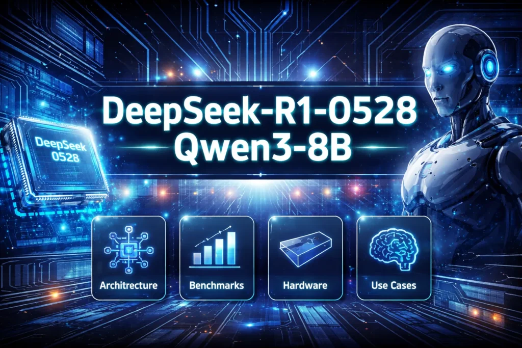 DeepSeek-R1-0528-Qwen3-8B AI model infographic showing architecture, reasoning capabilities, hardware requirements, and real-world applications.
