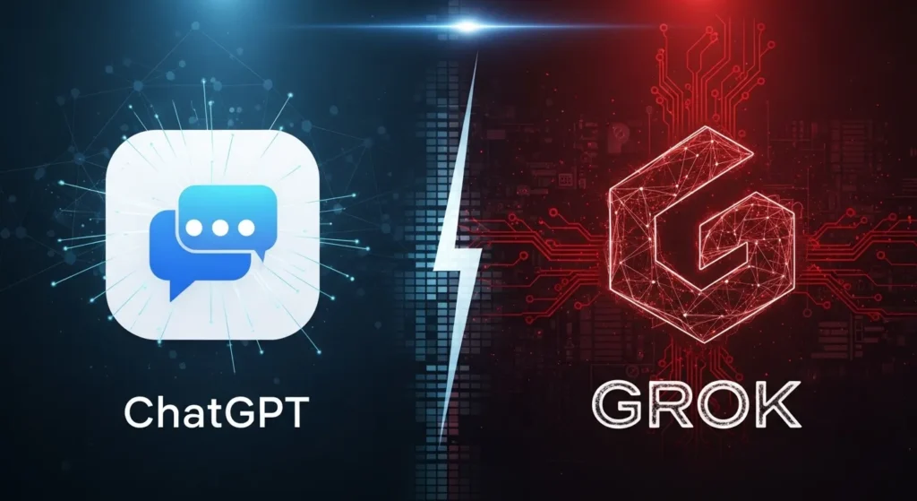 ChatGPT vs Grok AI comparison infographic showing key differences in writing ability, coding performance, real-time data access, and productivity features in 2026.