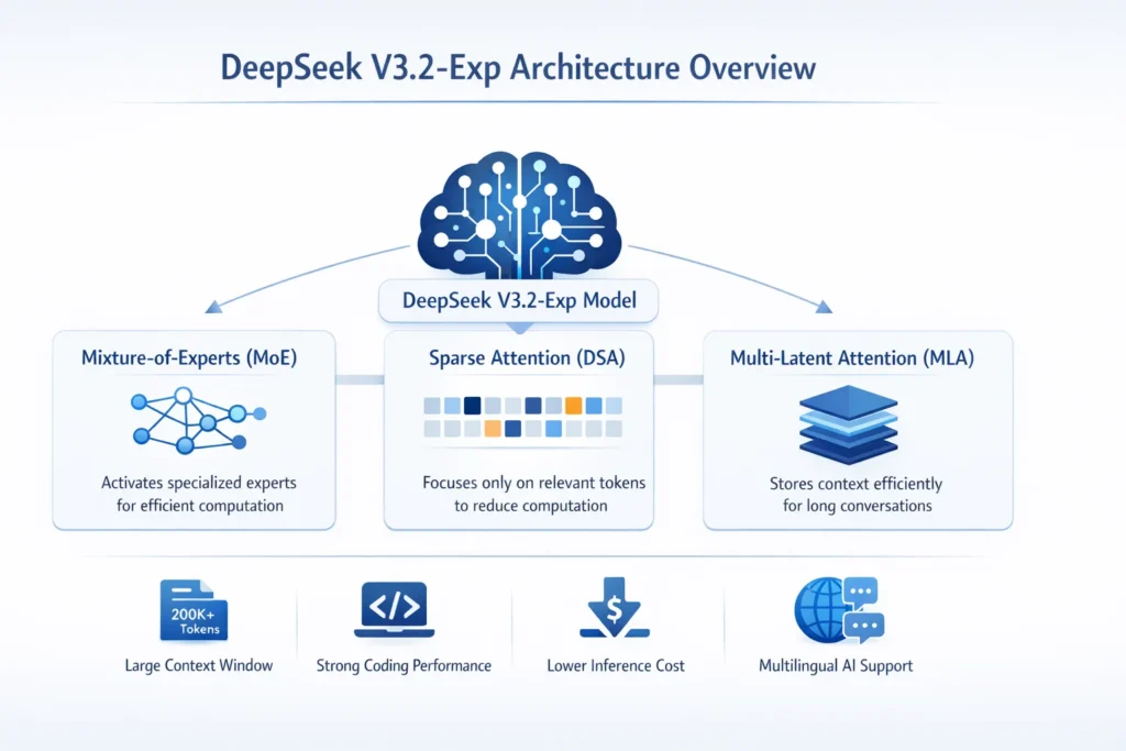 DeepSeek V3.2-Exp architecture infographic showing Mixture-of-Experts, Sparse Attention, Multi-Latent Attention, and key AI model features like large context window and low inference cost.