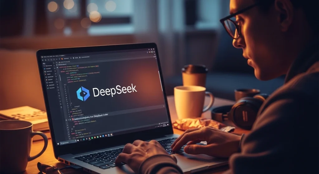 DeepSeek vibe coding workflow infographic showing AI app development steps from idea to deployment without coding.
