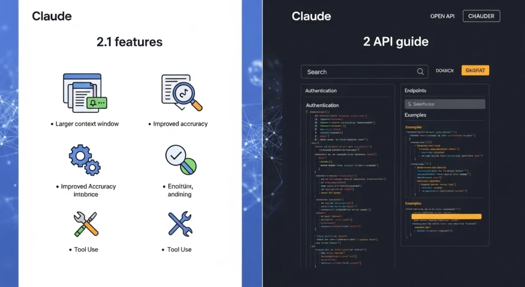 Claude 2 vs Claude 2.1 infographic comparing context window, API features, hallucination rate, tool use, and performance differences in 2026