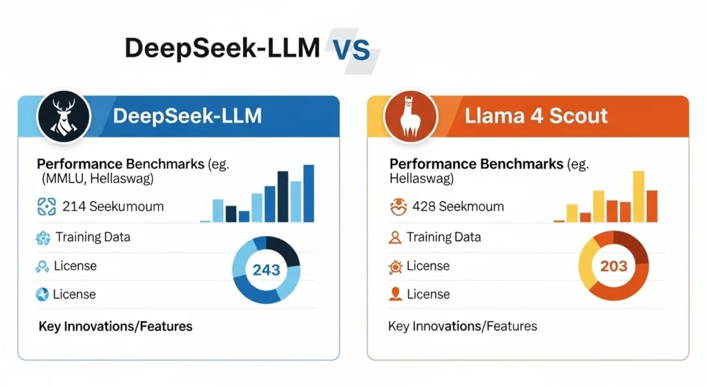 DeepSeek LLM vs Llama 4 Scout 2026 infographic comparing performance, context window, pricing, coding ability, and scalability features

