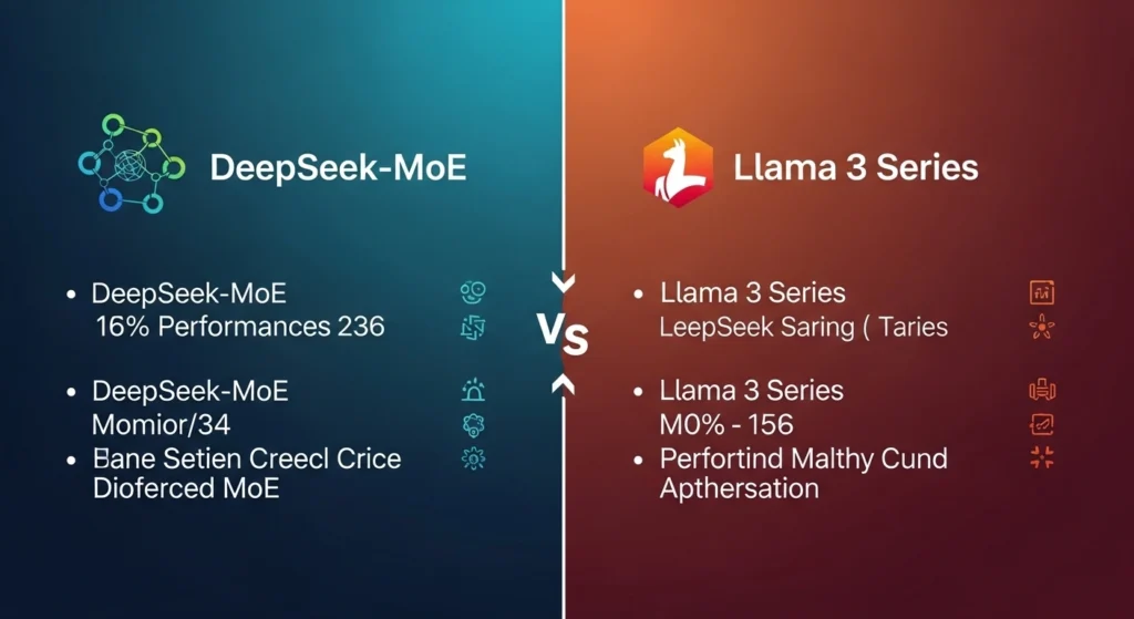 DeepSeek MoE vs Llama 3 Series infographic comparing sparse vs dense AI architectures, benchmarks, cost efficiency, coding performance, and 2026 AI model differences