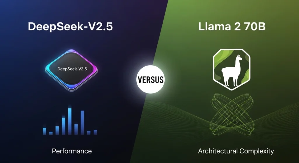 DeepSeek-V2.5 vs Llama 2 70B infographic comparing MoE vs dense architecture, benchmarks, cost efficiency, and AI model performance in 2026
