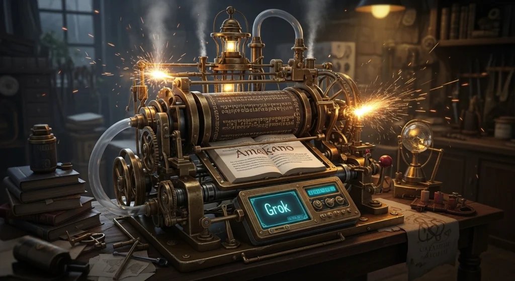 Amakano Grok translation workflow infographic showing AI translation process using Grok, DeepL, and manual editing for visual novel localization in 2026
