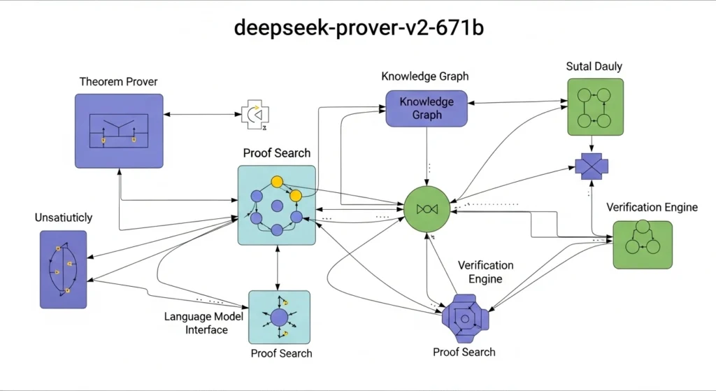 “DeepSeek-Prover-V2-671B infographic showing step-by-step AI theorem proving process with Lean 4 verification and mixture-of-experts architecture”