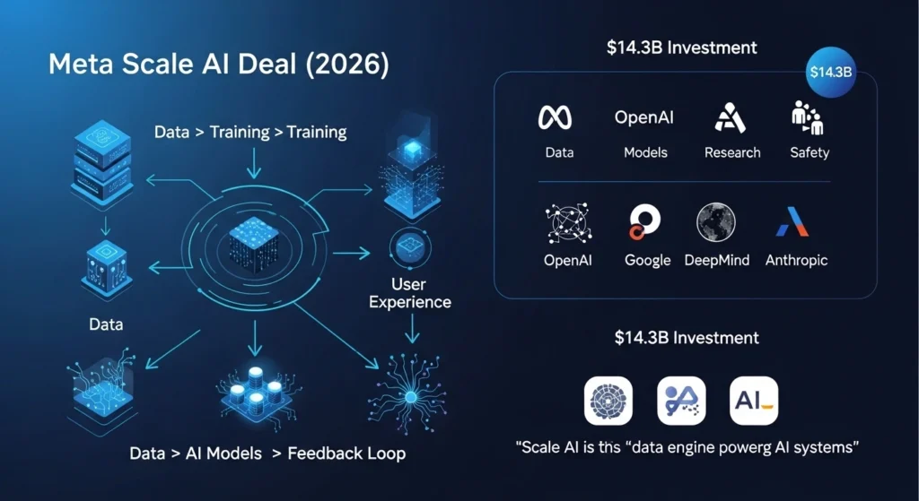Meta Scale AI infographic showing data pipelines, RLHF process, and $14.3B investment strategy powering AI models in 2026