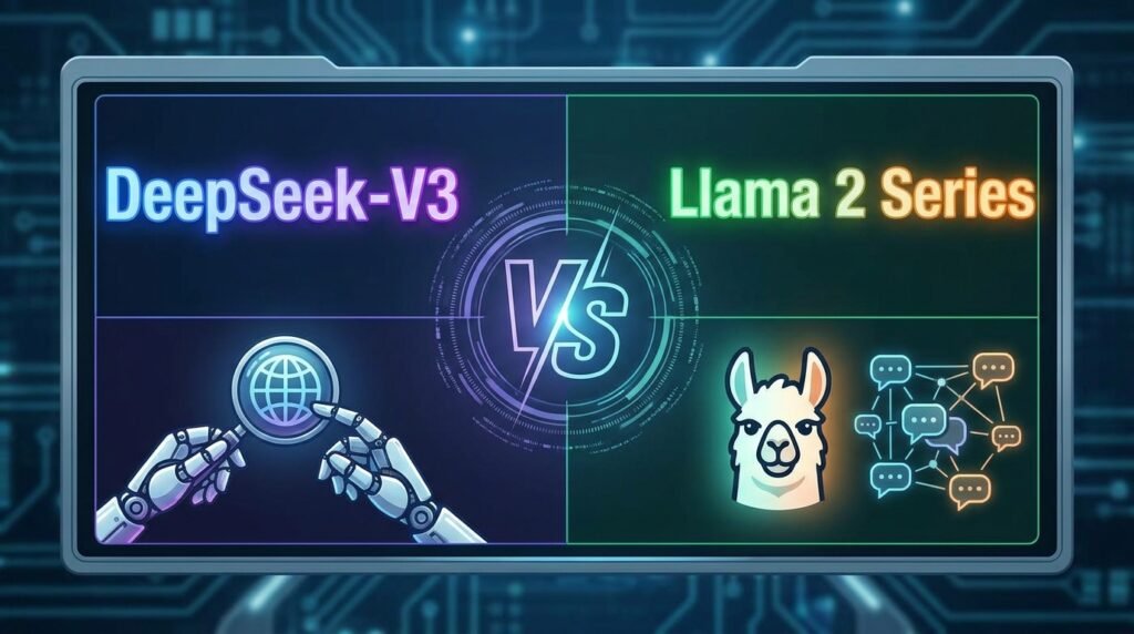  DeepSeek-V3 vs Llama 2 infographic comparing architecture, performance, cost efficiency, context window, and AI use cases in 2026
