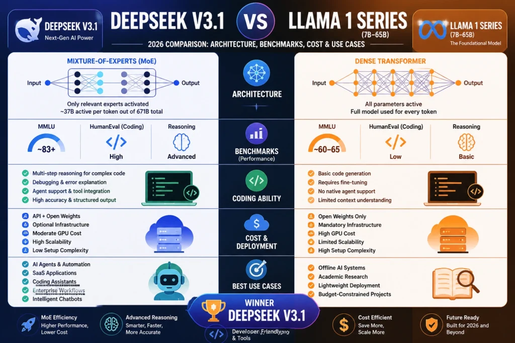 DeepSeek V3.1 vs Llama 1 Series infographic comparing architecture, benchmarks, cost efficiency, coding performance, and deployment differences in 2026
