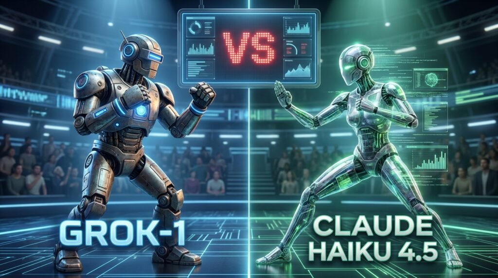 Grok-1 vs Claude Haiku 4.5 infographic showing AI model comparison including performance benchmarks, pricing, context window, and real-world use cases in 2026
