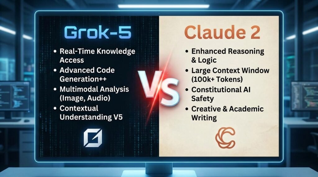 Grok-5 vs Claude 2 infographic comparing AI features, context window, real-time data access, architecture, and use cases in 2026
