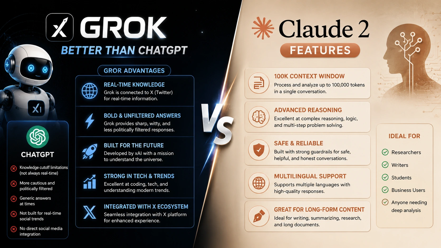 Grok better than chatgpt VS Claude 2 Features