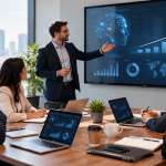 Business leaders discussing AI training programs and return on investment during a corporate meeting