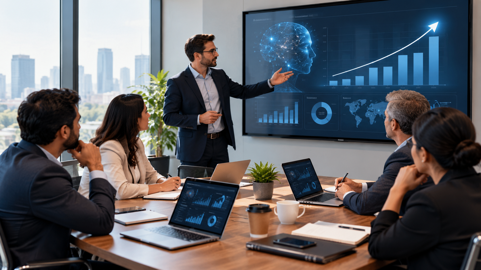 Business leaders discussing AI training programs and return on investment during a corporate meeting