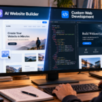 AI website builder compared with custom web development showing visual templates and website coding