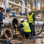 Industrial maintenance workers inspecting and cleaning a large pipeline inside a processing plant
