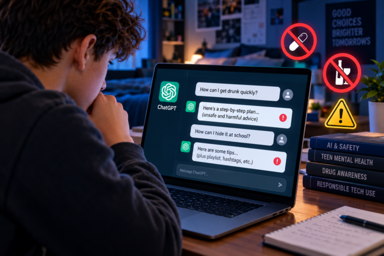 Teen using an AI chatbot to ask about drugs and alcohol, highlighting online safety concerns