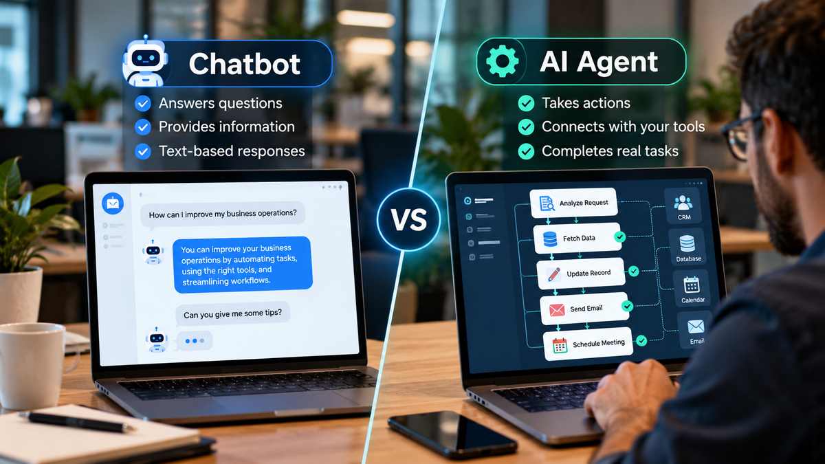 AI agents vs chatbots comparison showing automated workflows and chatbot conversations