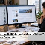 WordPress developer reviewing custom website layouts on dual monitors in an office
